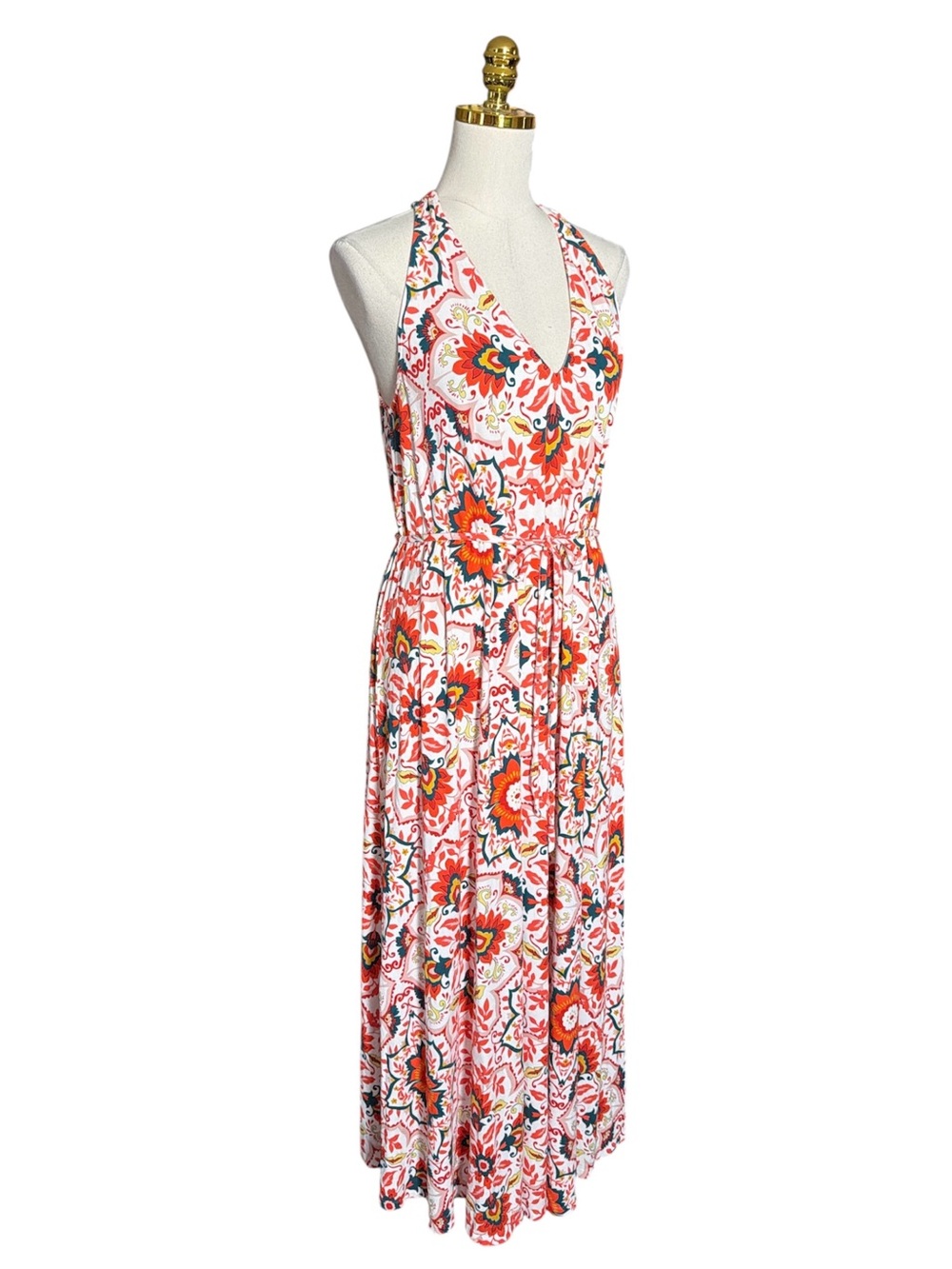 Boden Women Red Tile Print Halter Maxi Dress V-Neck Tie Waist Summer Resort 12R - Picture 4 of 13